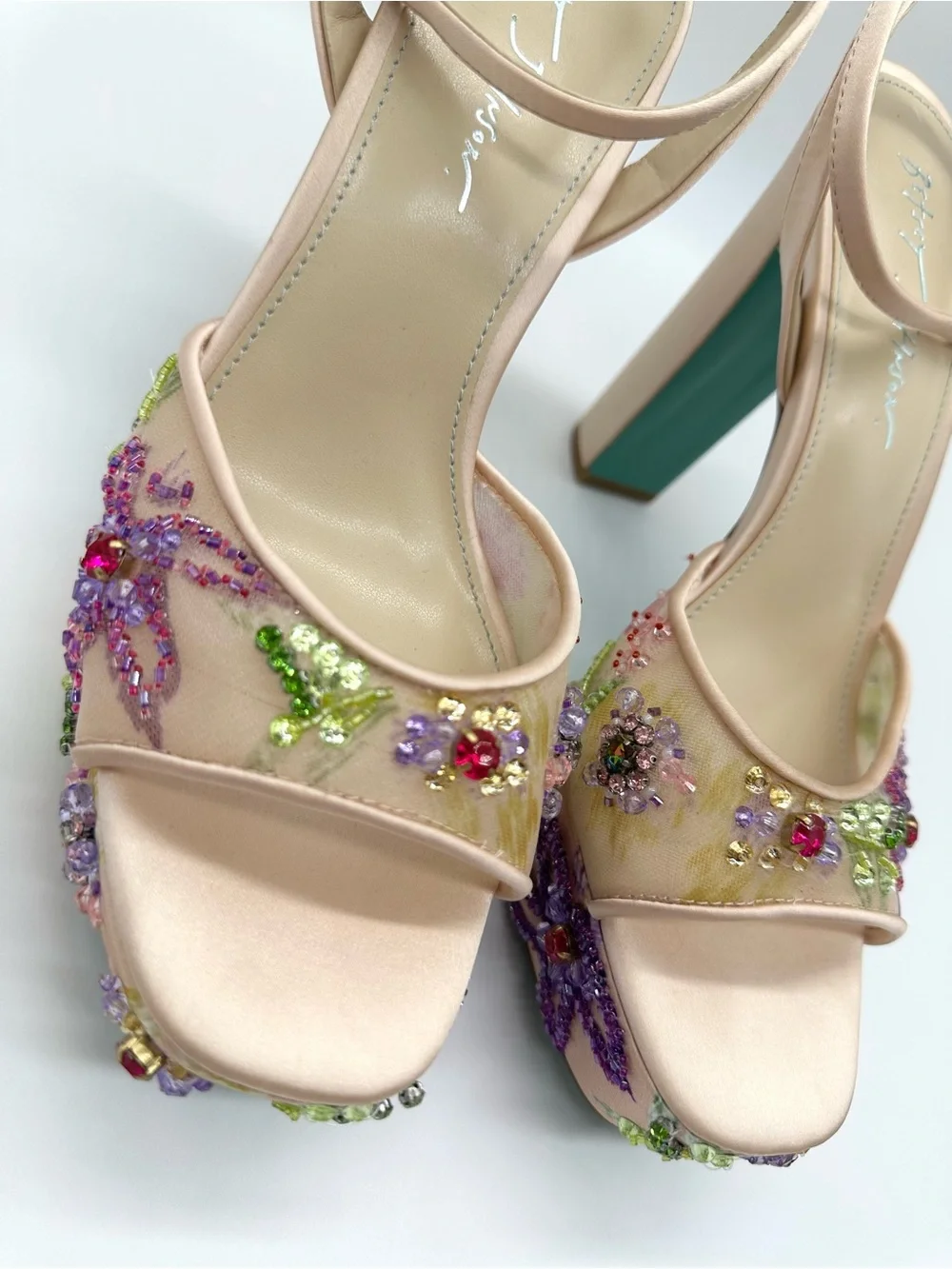 Betsey Johnson Viven Beaded Floral Platform Sandals Nude Teal Size 10 NWOB